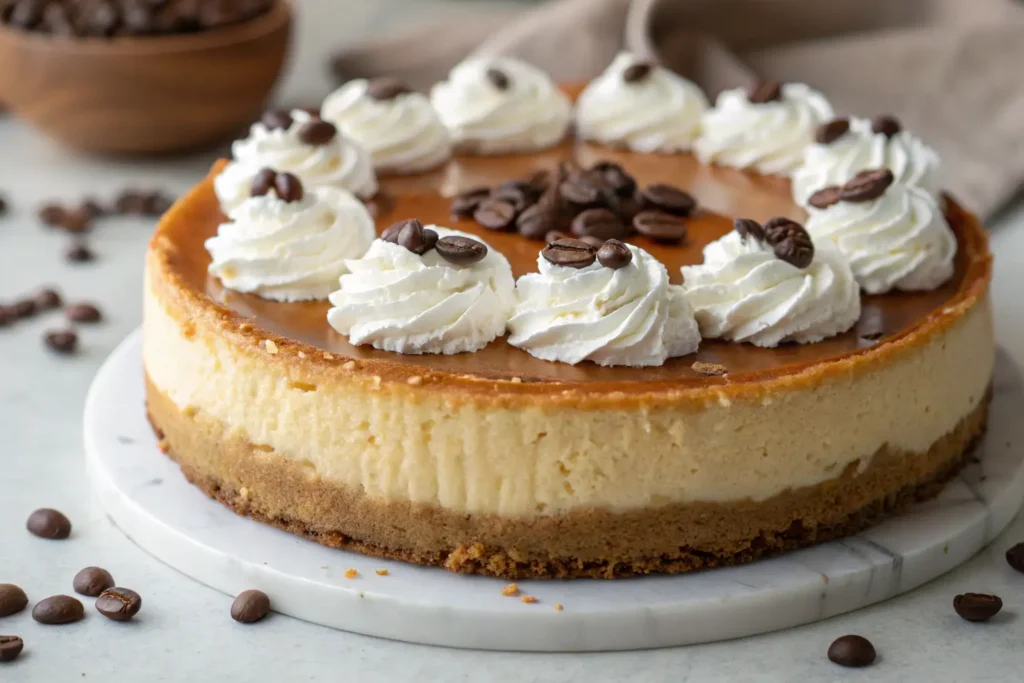 Delicious coffee cheesecake recipe topped with whipped cream and coffee beans.