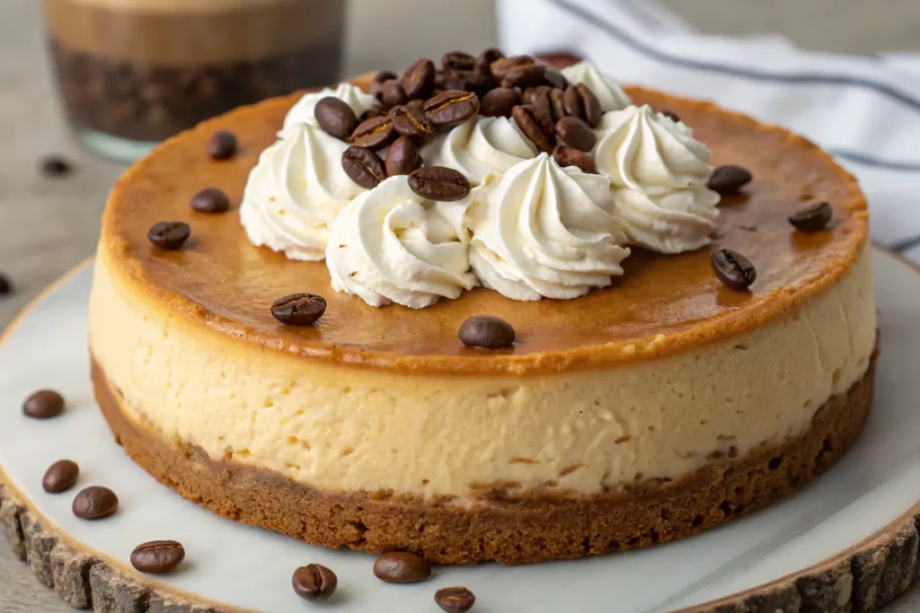 Delicious coffee cheesecake topped with whipped cream and coffee beans