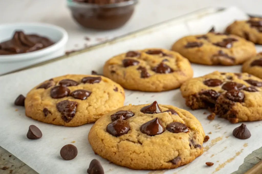 Cookie recipe without brown sugar featuring freshly baked chocolate chip cookies on a parchment-lined baking sheet.