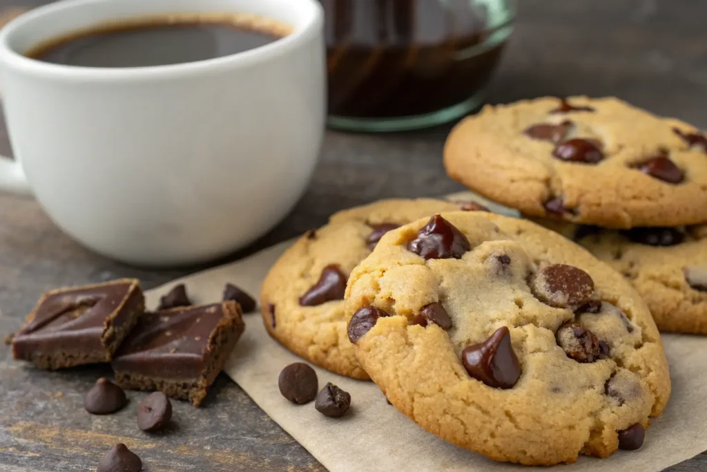 Cookie recipe without brown sugar featuring chocolate chip cookies with a cup of black coffee on a rustic wooden table.