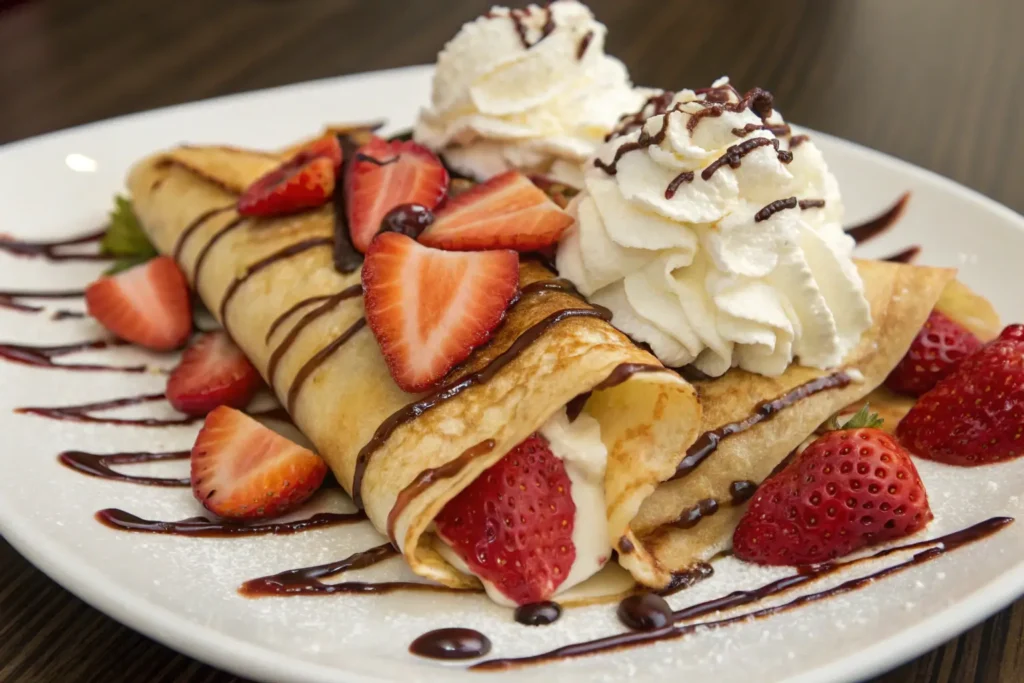 Delicious dessert crepe with fresh strawberries, whipped cream, and chocolate sauce