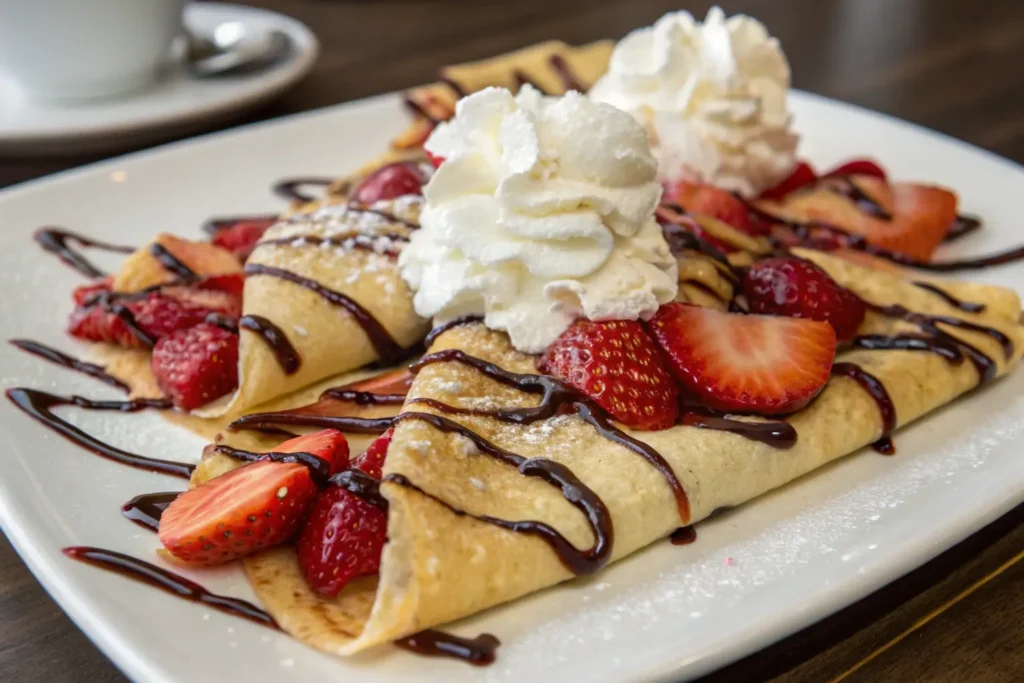 Dessert crepe filled with fresh strawberries, whipped cream, and drizzled with chocolate sauce.