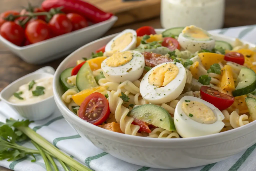 Deviled egg pasta salad with spiral pasta, sliced boiled eggs, cucumbers, cherry tomatoes, and bell peppers, garnished with fresh herbs.