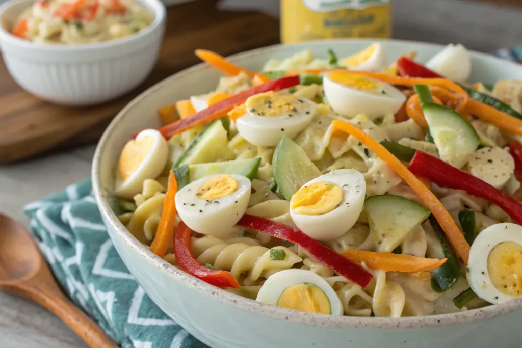 Deviled egg pasta salad with spiral pasta, sliced boiled eggs, cucumber, and colorful bell peppers.