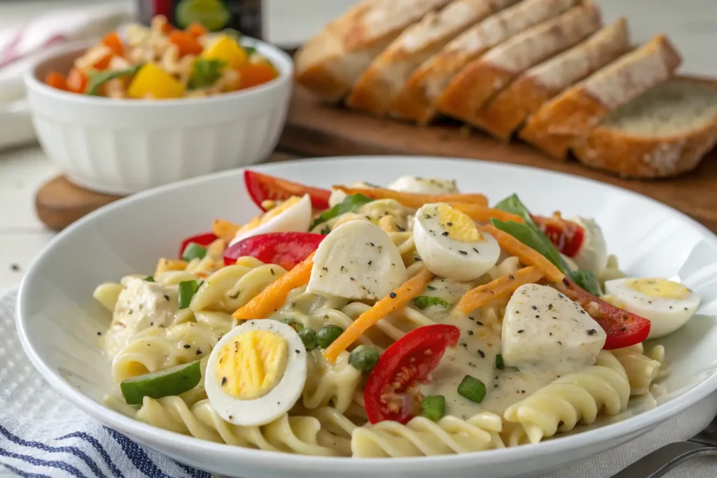 Deviled egg pasta salad with spiral pasta, sliced boiled eggs, fresh tomatoes, bell peppers, and green onions.