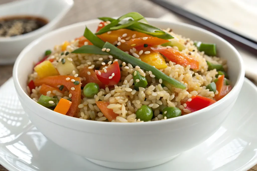 Gluten-free fried rice with colorful vegetables, topped with sesame seeds and chopped green onions.