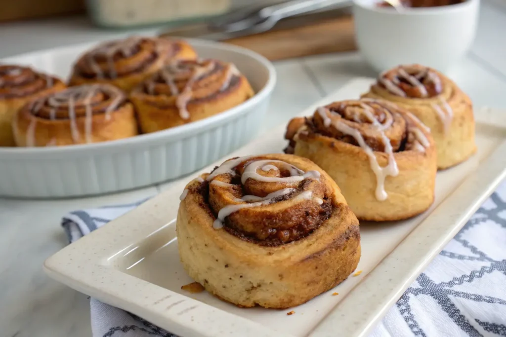 Mini cinnamon rolls drizzled with icing and sprinkled with cinnamon.