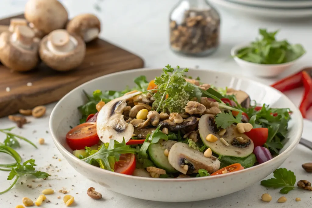 A fresh mushroom salad with mixed greens, tomatoes, cucumbers, and a sprinkle of nuts.