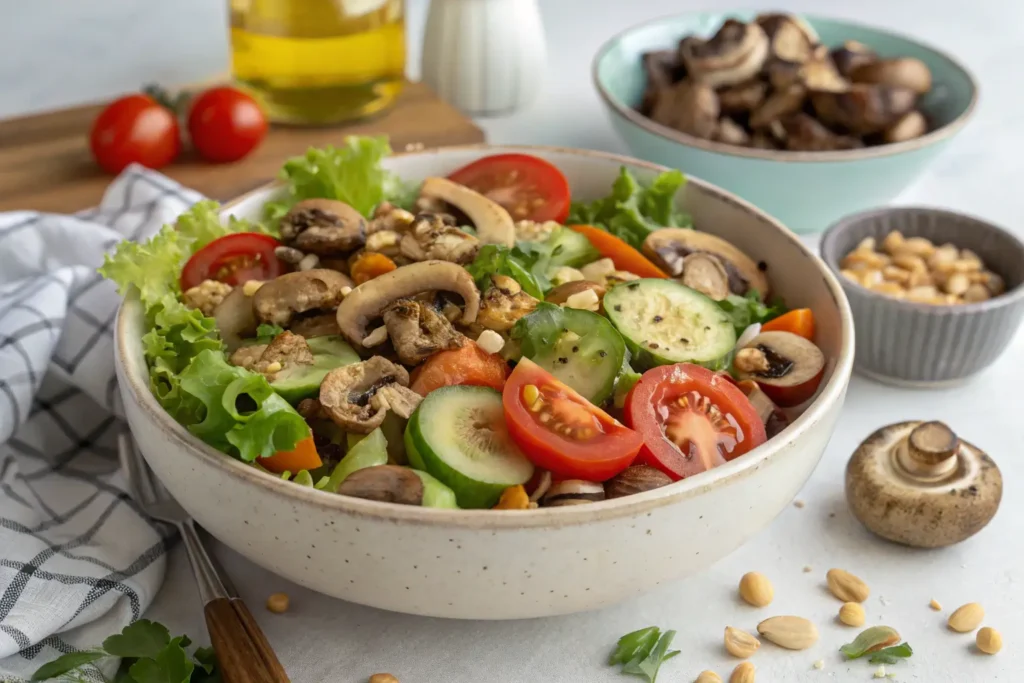 A fresh mushroom salad recipe with tomatoes, cucumbers, lettuce, and nuts.