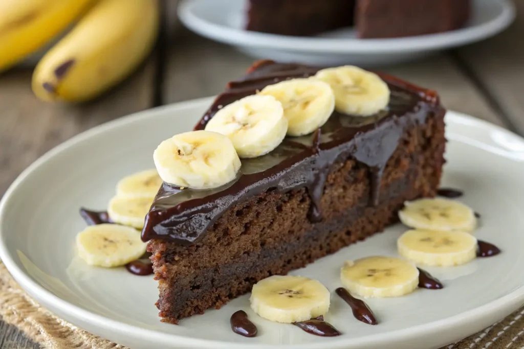 Delicious slice of chocolate banana cake recipe topped with chocolate ganache and banana slices.