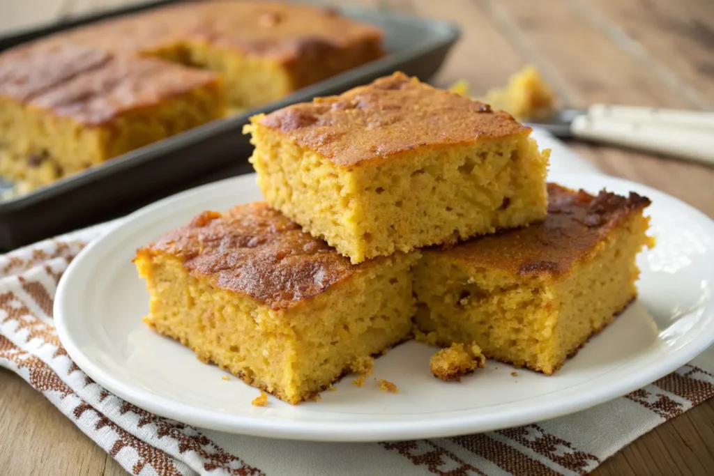 Slices of sweet potato cornbread on a plate with a soft, golden texture.