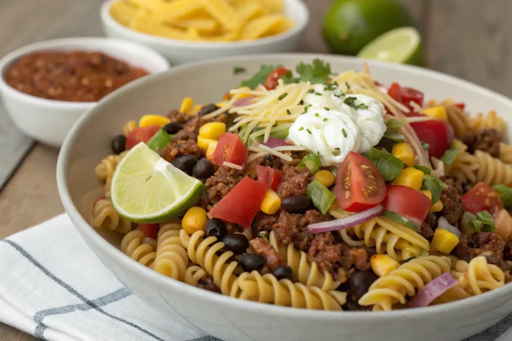 Taco pasta salad recipe with seasoned beef, black beans, corn, tomatoes, and spiral pasta, topped with sour cream and shredded cheese.