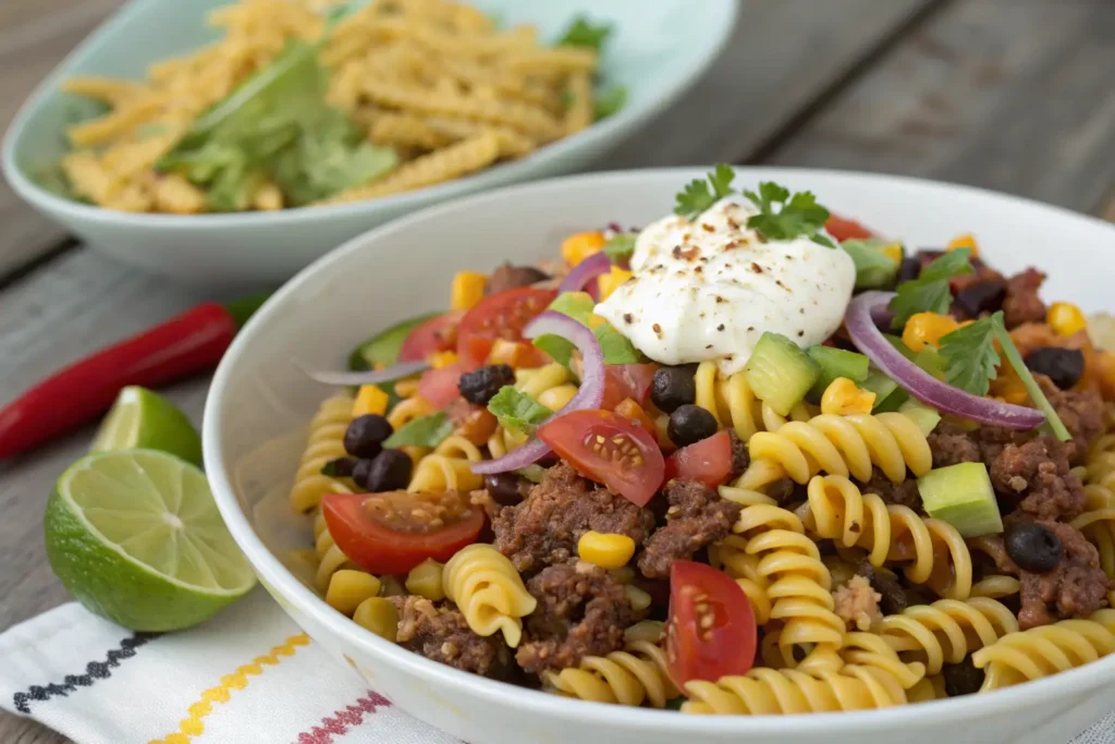 Taco pasta salad recipe with seasoned ground beef, black beans, corn, tomatoes, and spiral pasta, topped with sour cream and cilantro.