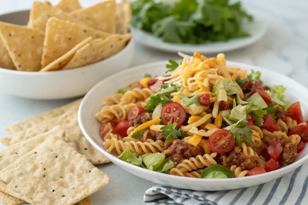 Taco pasta salad recipe with seasoned ground beef, tomatoes, lettuce, and spiral pasta, topped with shredded cheese and served with tortilla chips.