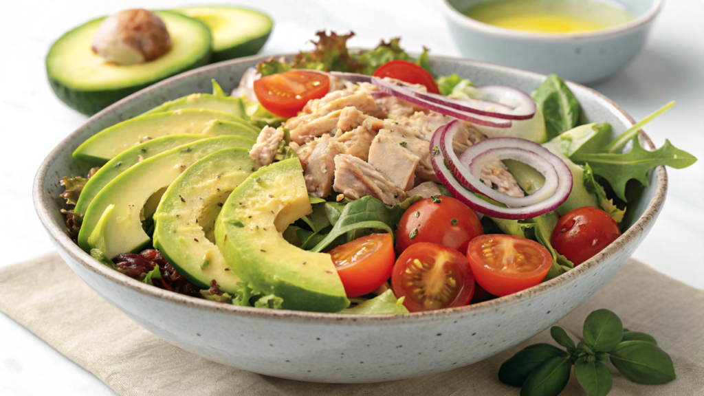 Fresh tuna salad with mixed greens, cherry tomatoes, cucumber slices, avocado, red onion, and a light lemon dressing