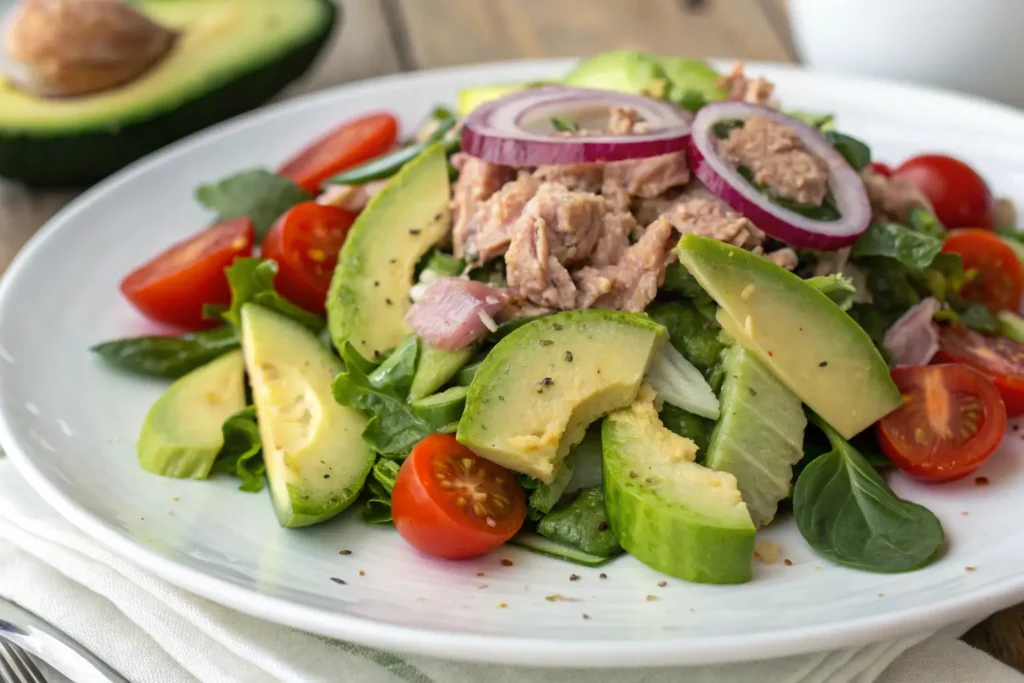 Fresh tuna salad recipe with mixed greens, avocado slices, cherry tomatoes, cucumber, and red onion rings.