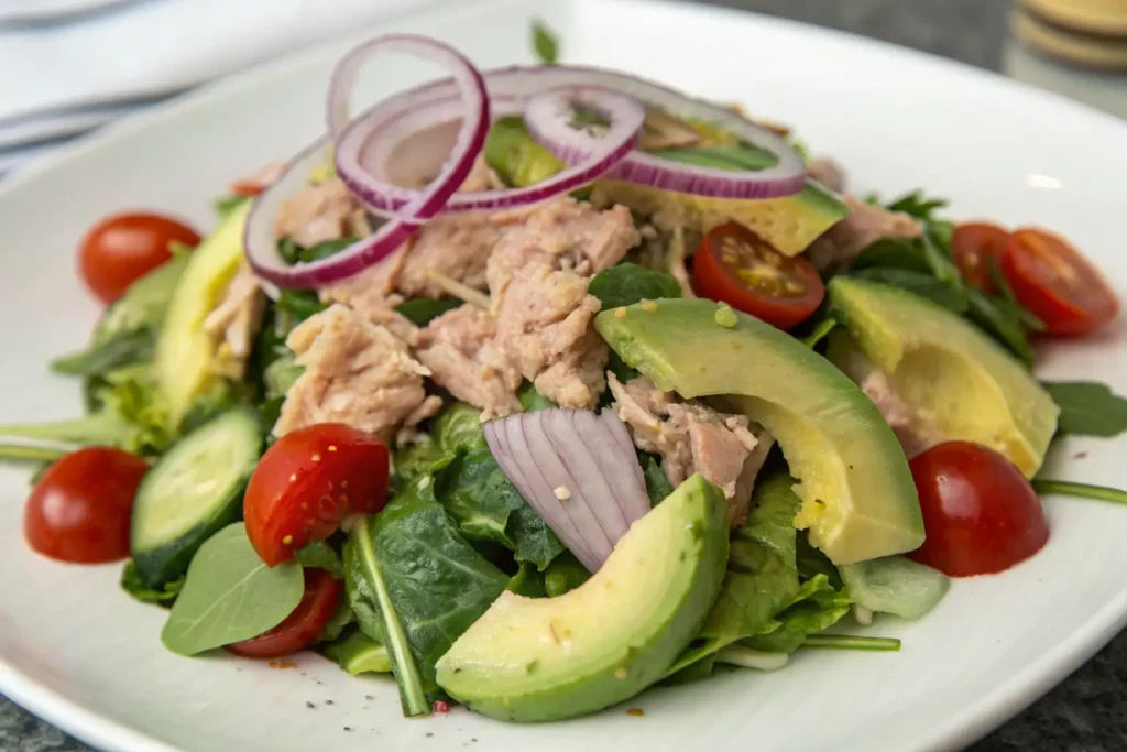Fresh tuna salad recipe with mixed greens, avocado, cherry tomatoes, cucumber, and red onion slices.