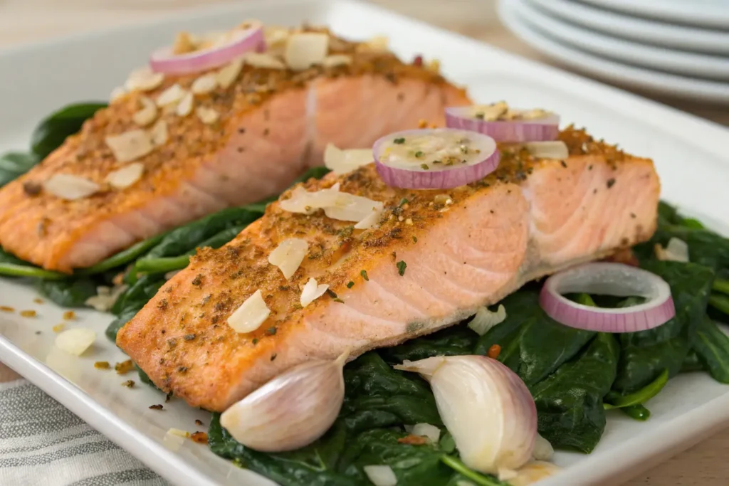 Fresh wild-caught salmon fillets cooked with garlic, onions, and spinach on a platter.