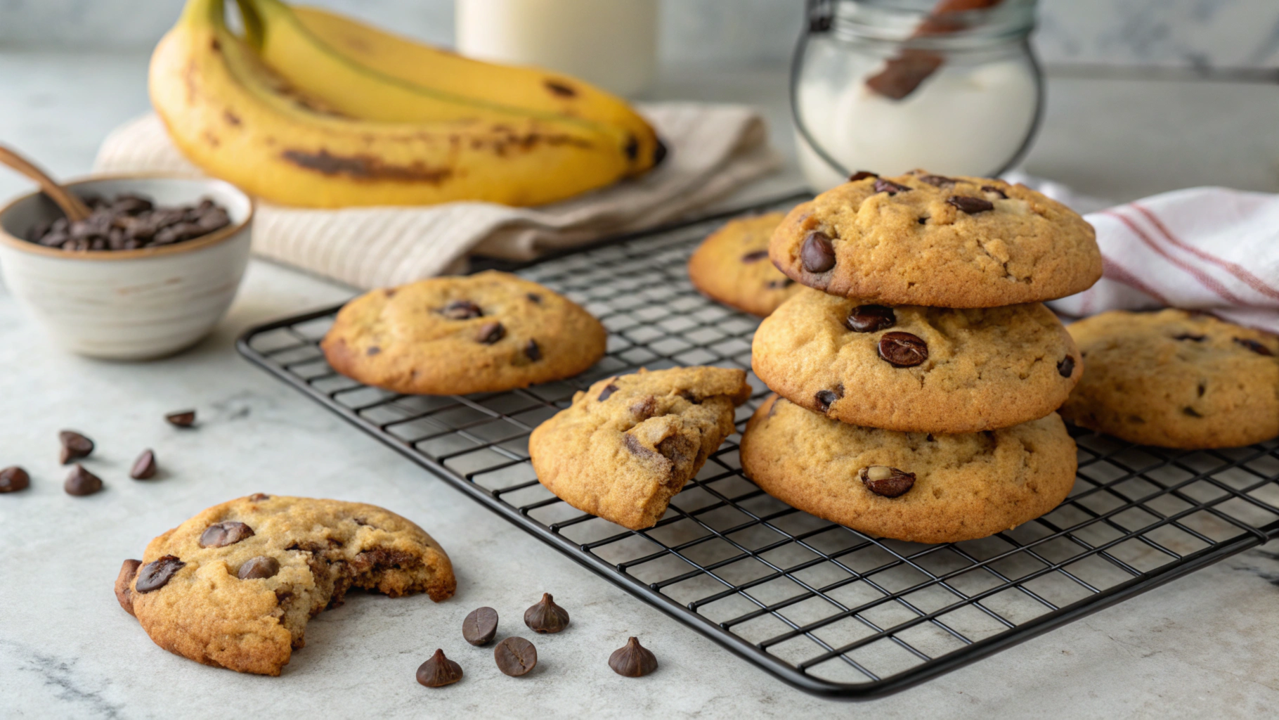 Delicious, warm banana bread cookies with chocolate chips, perfect for any snack time.