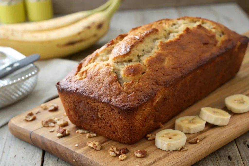 Freshly baked banana bread without baking soda