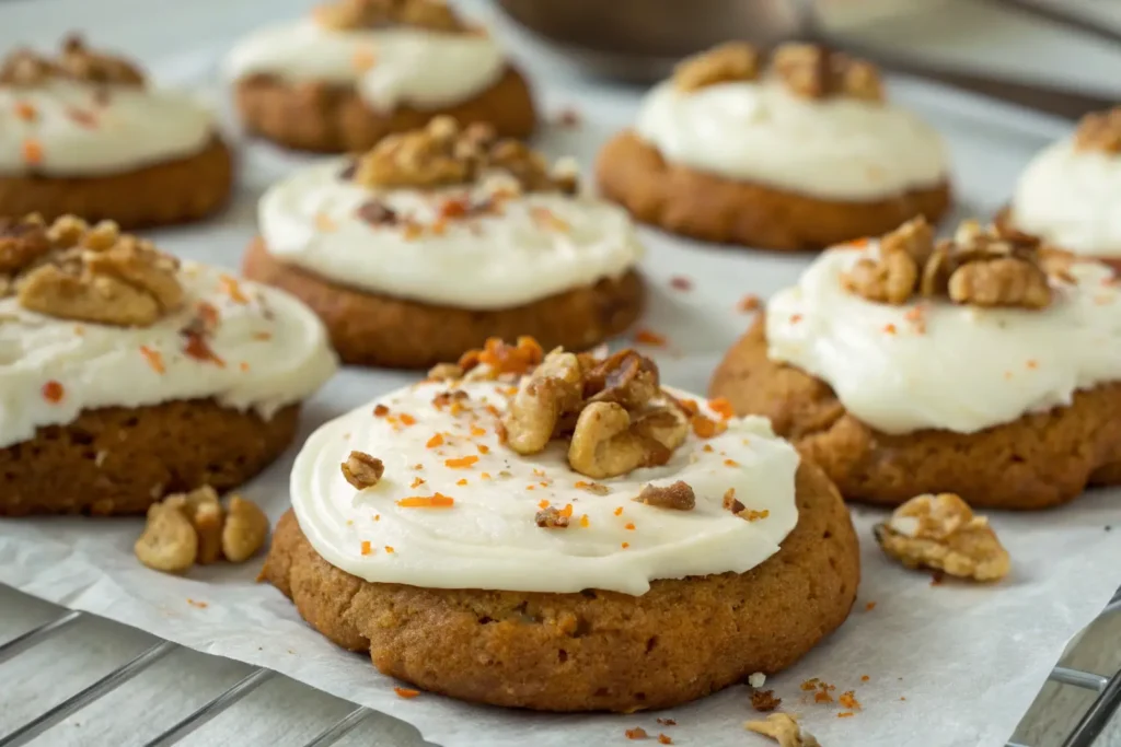 Carrot cake cookies recipe topped with cream cheese frosting, chopped walnuts, and orange sprinkles.