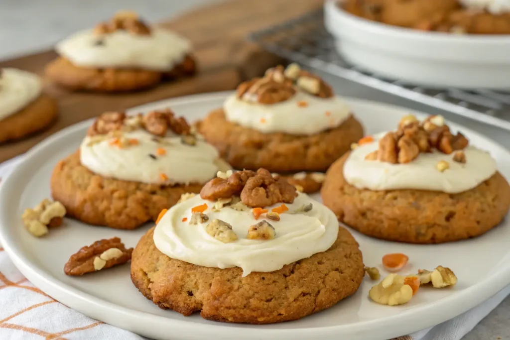 Carrot cake cookies recipe topped with cream cheese frosting, chopped walnuts, and orange sprinkles.