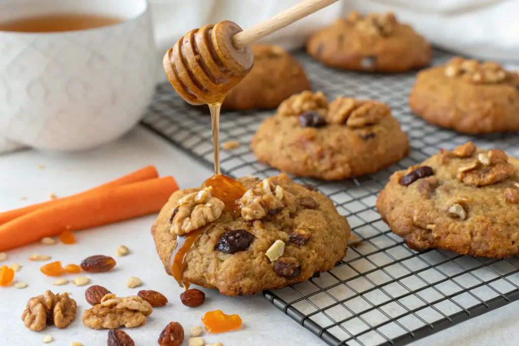 Carrot cake cookies recipe with walnuts, raisins, and a drizzle of honey on top.