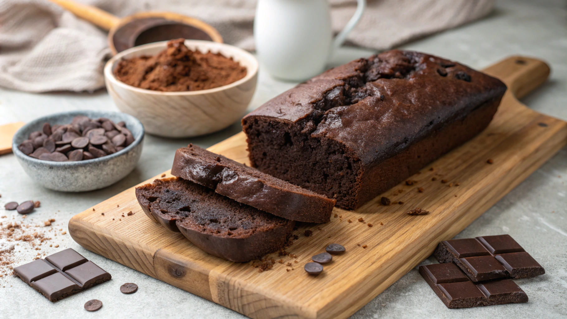 Freshly baked chocolate bread loaf with slices on a wooden board, surrounded by chocolate chips and cocoa powder