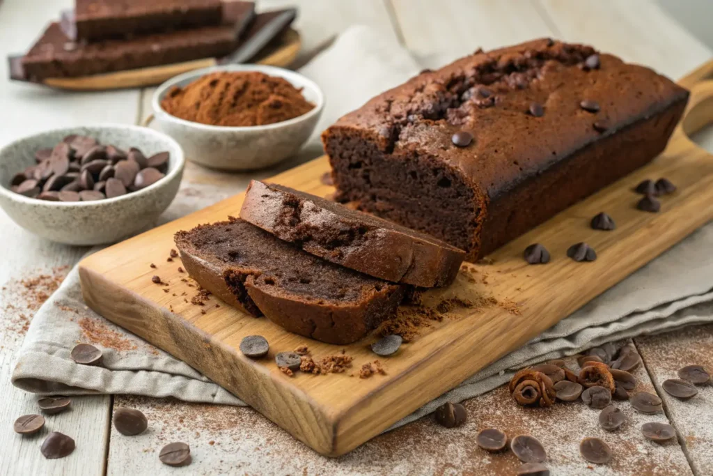 Freshly baked chocolate bread loaf with slices on a wooden board, surrounded by chocolate chips and cocoa powder.