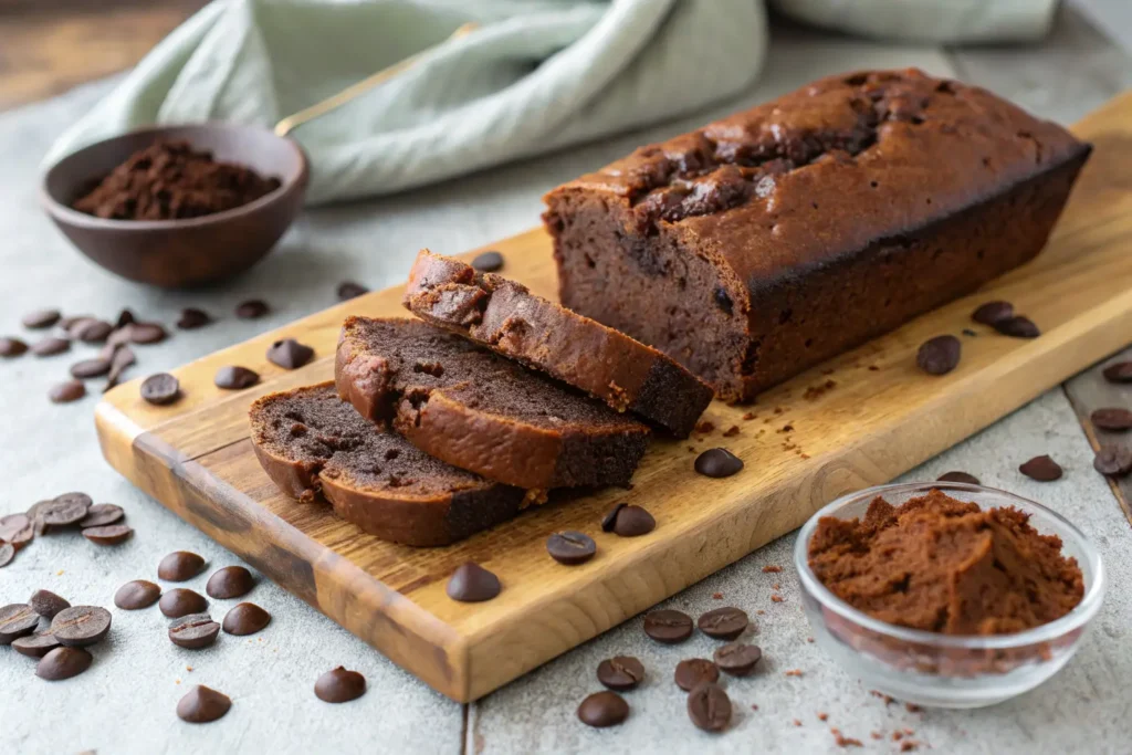 Sliced chocolate bread loaf on a wooden board, surrounded by chocolate chips and cocoa powder.