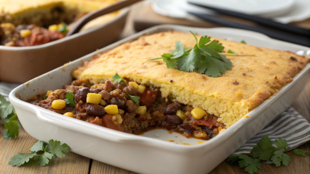 Delicious cowboy cornbread casserole recipe served in a dish