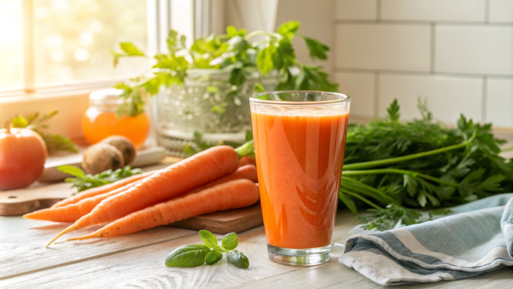 Freshly made carrot juice recipe in a glass with orange carrots.