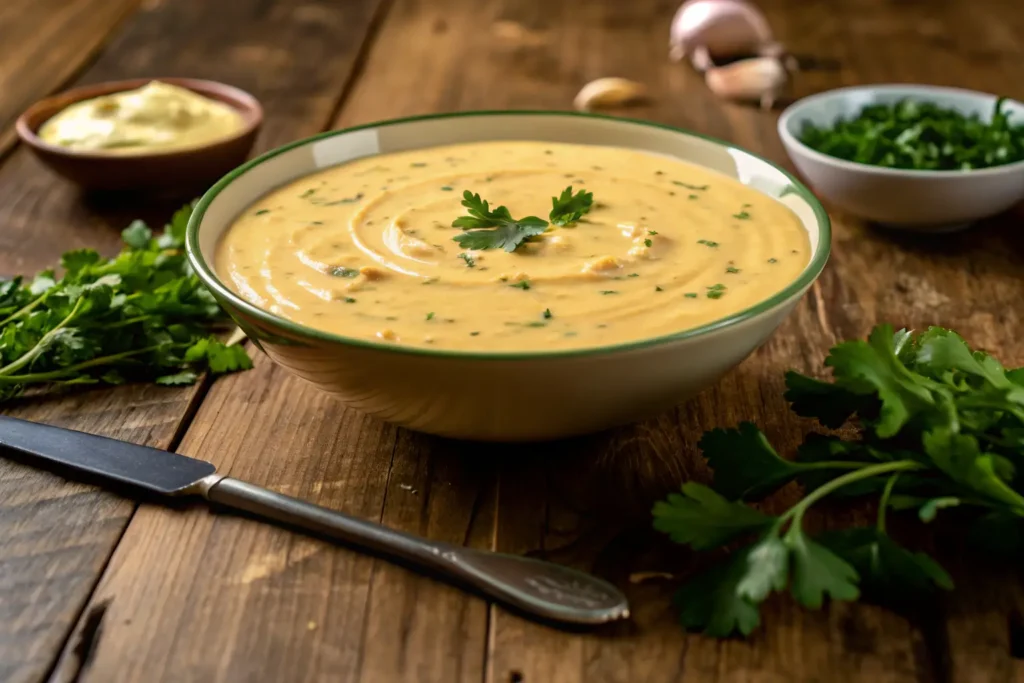 Creamy garlic Alfredo sauce garnished with fresh parsley, served in a rustic bowl.