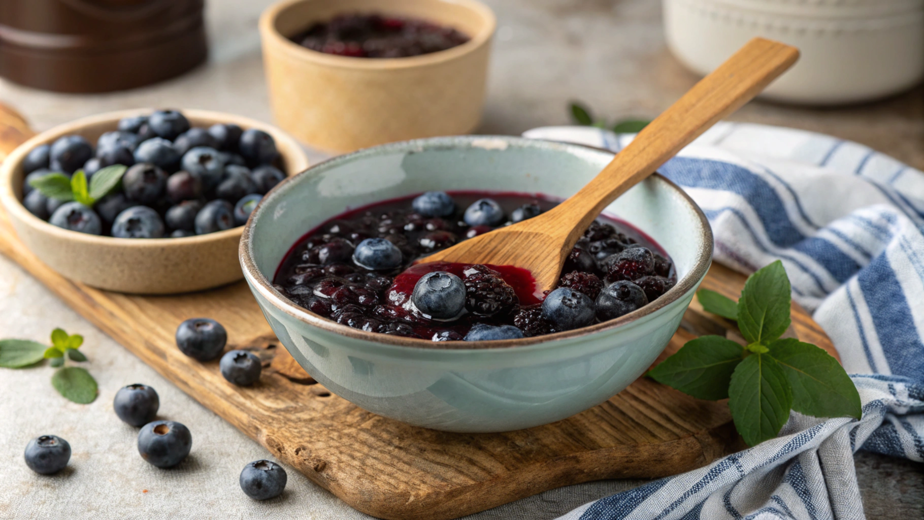 Delicious blueberry compote in a bowl with fresh blueberries.