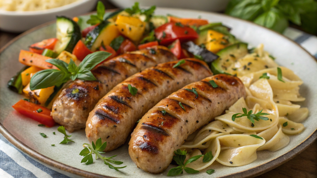 Grilled Italian chicken sausage served with roasted vegetables