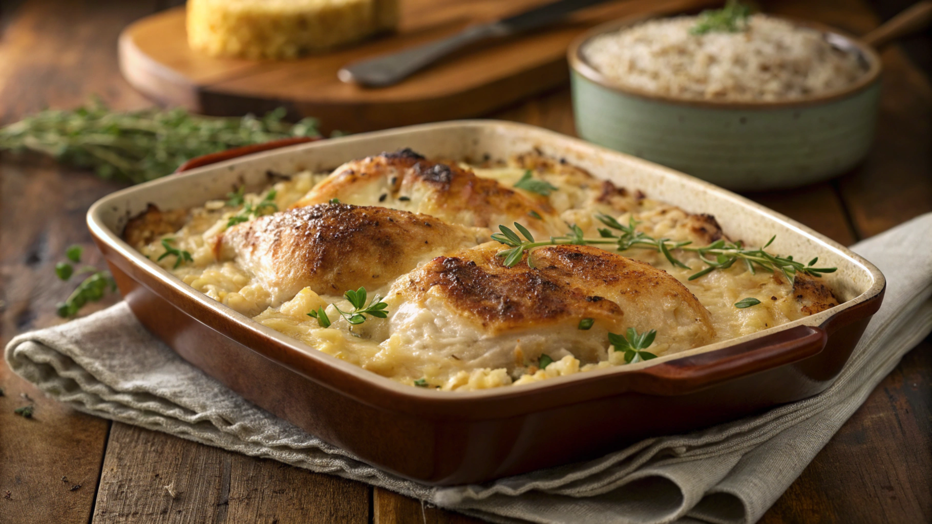 A comforting Forgotten Chicken Casserole featuring tender chicken, creamy rice, and golden-brown crust, garnished with fresh herbs