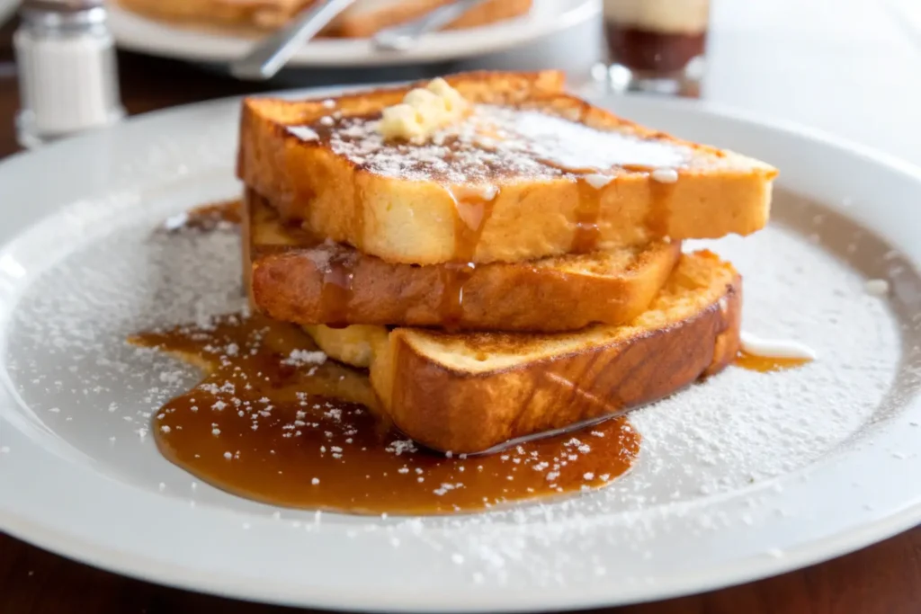 Golden French toast stacked with powdered sugar and syrup drizzle.