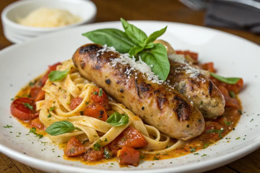 Pairing Italian chicken sausage with pasta in a rich tomato sauce, garnished with fresh basil and parmesan.