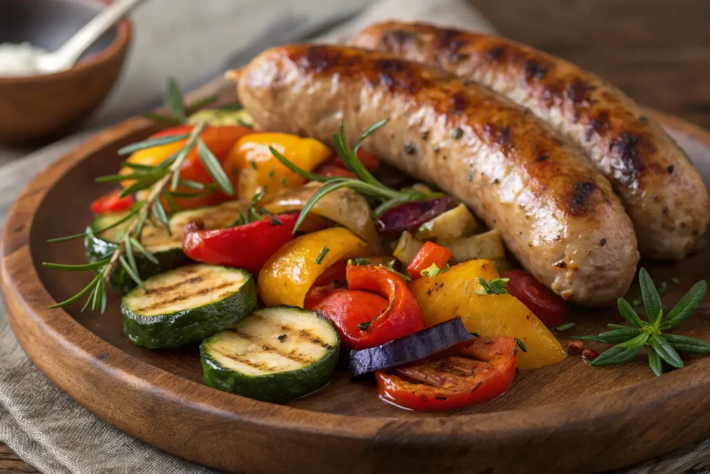 Italian chicken sausage recipe with grilled vegetables, including zucchini, bell peppers, and tomatoes, served on a wooden plate.