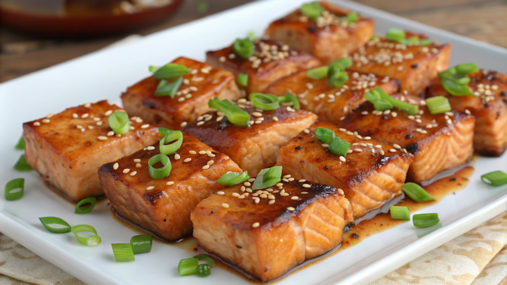 Delicious salmon bites recipe served on a decorative platter