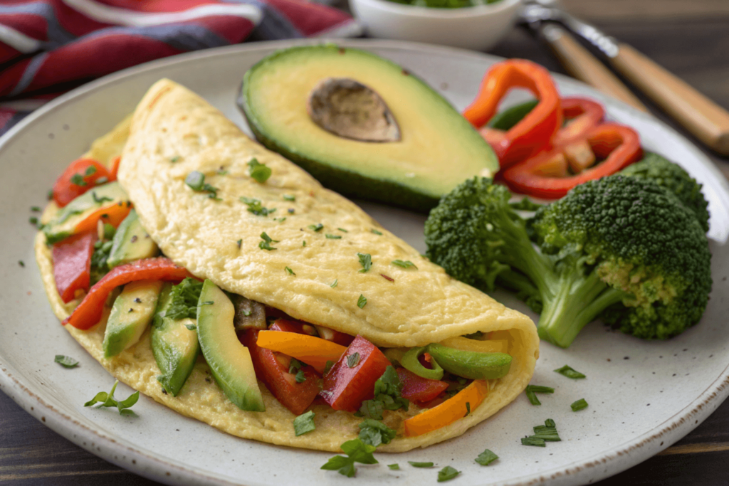 Healthy omelette with avocado and vegetables