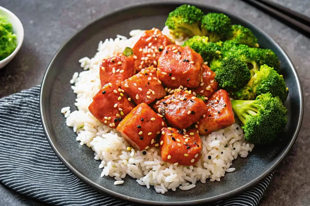 Hot honey glazed salmon bites served with rice and broccoli, topped with sesame seeds.