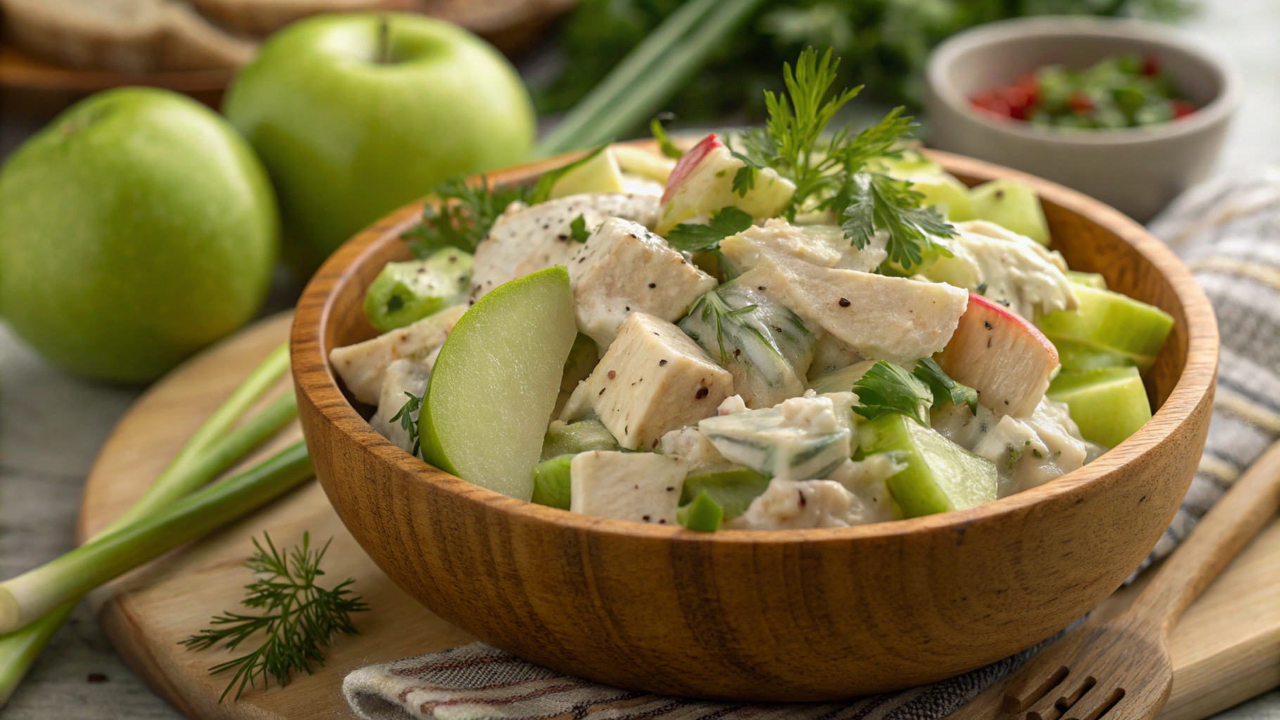 Delicious chicken salad recipe with apples, celery, and creamy dressing.