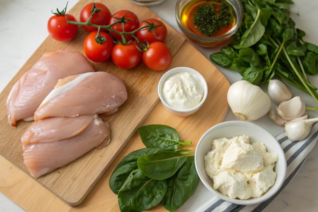 Ingredients for chicken with ricotta, including raw chicken breasts, cherry tomatoes, fresh spinach, ricotta cheese, garlic, and herbs.