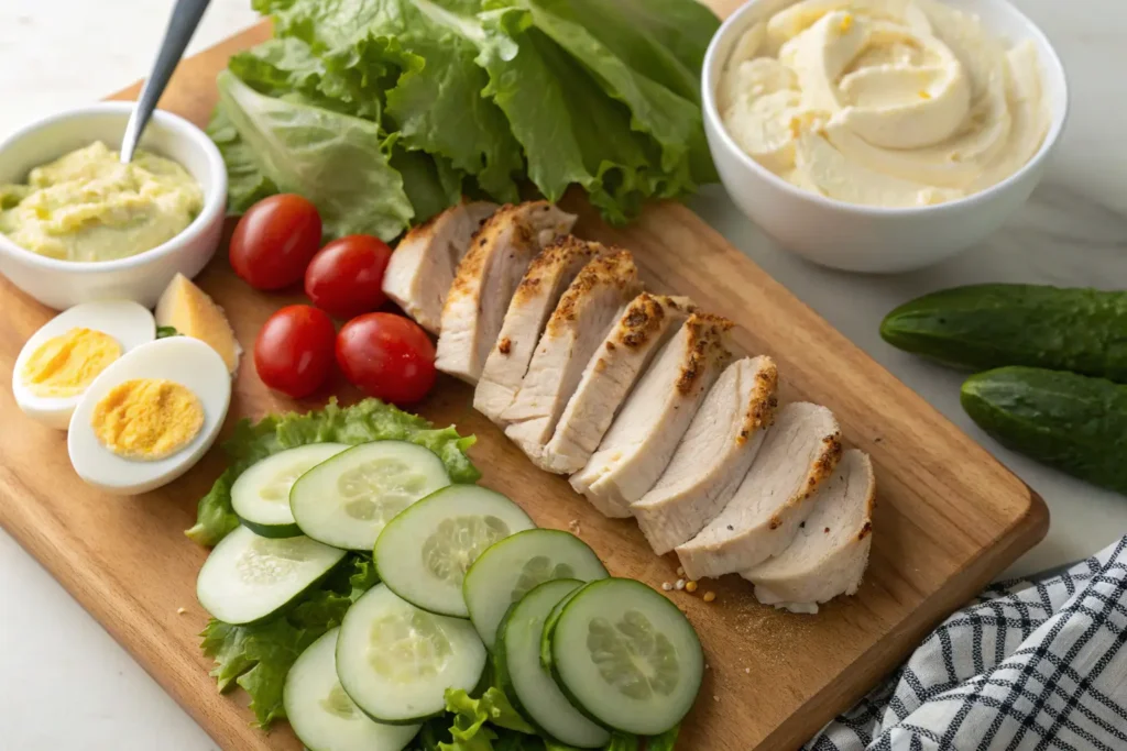 Ingredients for chicken and egg salad, including sliced grilled chicken, hard-boiled eggs, cucumbers, lettuce, cherry tomatoes, and a bowl of creamy dressing.