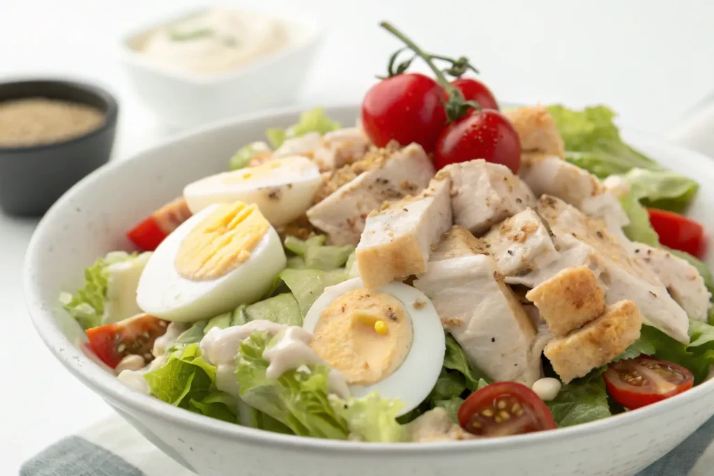 A fresh chicken and egg salad with grilled chicken, sliced hard-boiled eggs, cherry tomatoes, and lettuce, drizzled with dressing.