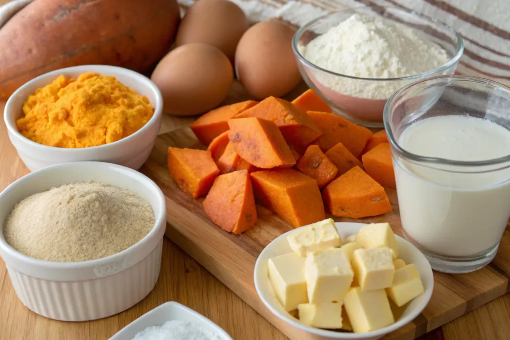 Ingredients for sweet potato cornbread, including sweet potatoes, eggs, butter, flour, milk, and sugar.