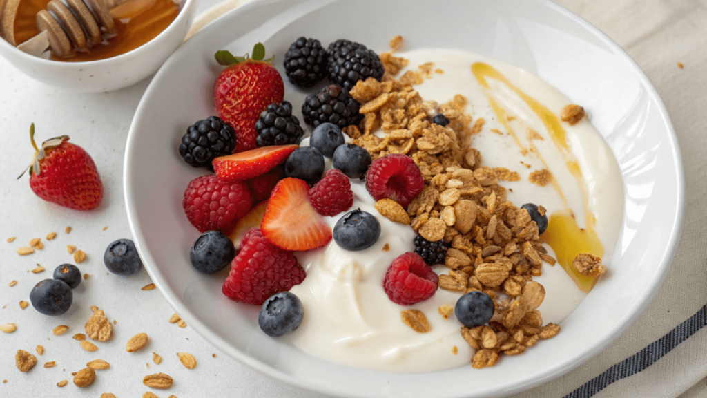 Greek Yogurt Parfait ingredients with fresh berries, granola, and a drizzle of honey.