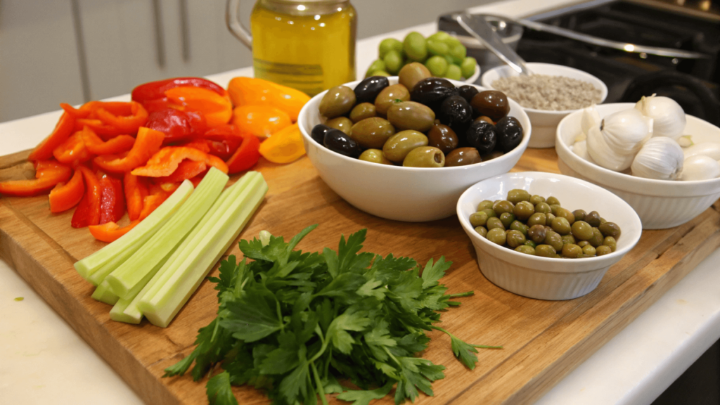 Fresh ingredients for olive salad including red bell peppers, celery, parsley, various olives, garlic cloves, and olive oil arranged on a wooden cutting board.