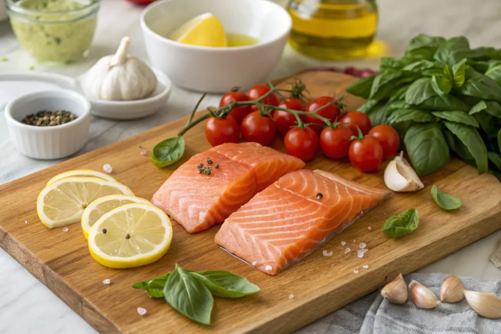 Ingredients for Italian salmon recipe, including fresh salmon fillets, tomatoes, lemon, basil, garlic, and olive oil.